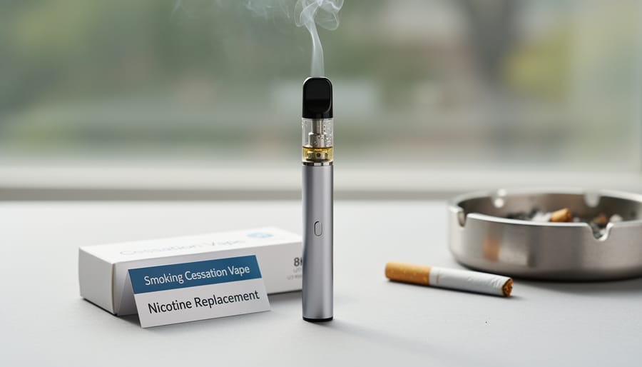 Modern vaping device displayed alongside traditional cigarette pack showing transition options