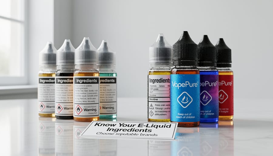 Close-up of premium e-liquid bottles showing clear and amber colored vaping liquids