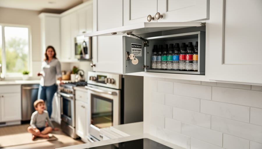 Secure storage cabinet with childproof lock containing organized vaping supplies and e-liquids
