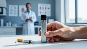 Adult hand placing a vape beside a crushed cigarette on a clinic desk, with a clinician in a white coat softly blurred in the background under natural daylight