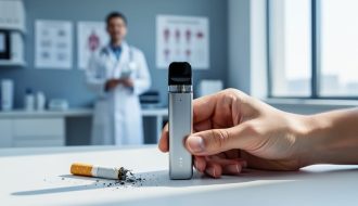 Adult hand placing a vape beside a crushed cigarette on a clinic desk, with a clinician in a white coat softly blurred in the background under natural daylight