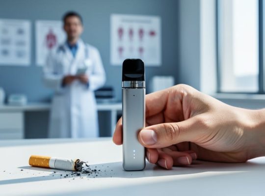 Adult hand placing a vape beside a crushed cigarette on a clinic desk, with a clinician in a white coat softly blurred in the background under natural daylight