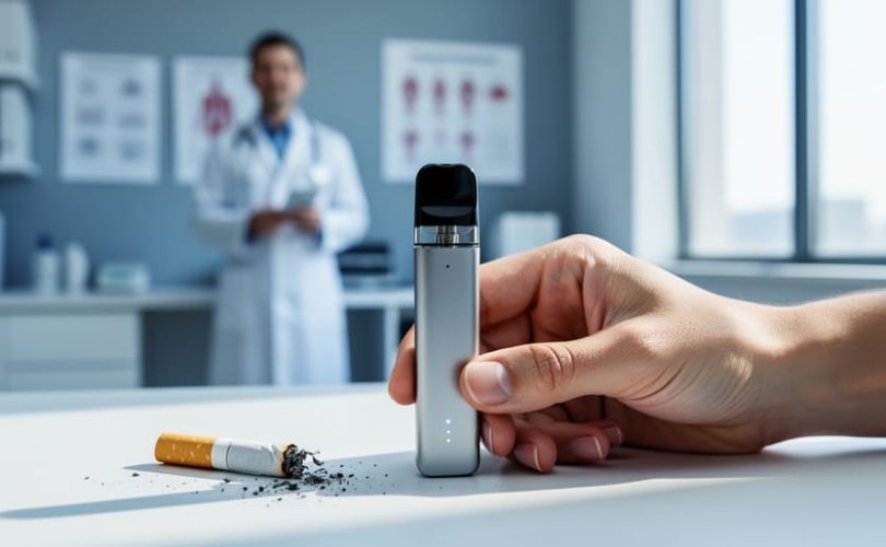 Adult hand placing a vape beside a crushed cigarette on a clinic desk, with a clinician in a white coat softly blurred in the background under natural daylight
