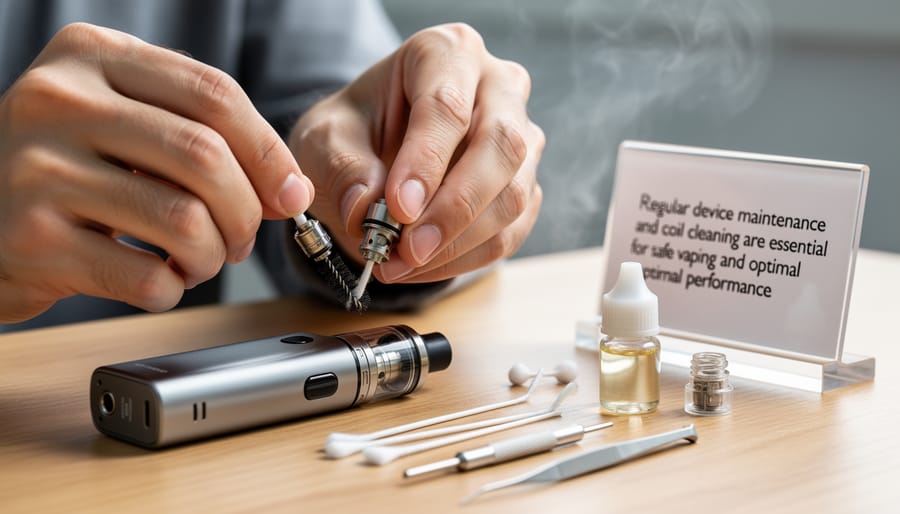 Hands performing maintenance cleaning on vape device coil with cotton swab