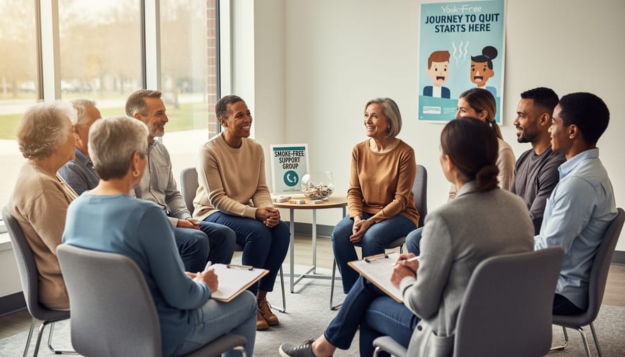 Support group members connecting in comfortable setting during smoking cessation journey