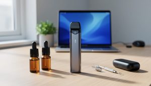 Pod-style vape device with unbranded e-liquid bottles, coil tool, and battery case on a wooden desk in soft daylight, with a blurred home workspace and plant in the background.