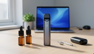 Pod-style vape device with unbranded e-liquid bottles, coil tool, and battery case on a wooden desk in soft daylight, with a blurred home workspace and plant in the background.