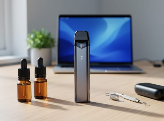 Pod-style vape device with unbranded e-liquid bottles, coil tool, and battery case on a wooden desk in soft daylight, with a blurred home workspace and plant in the background.