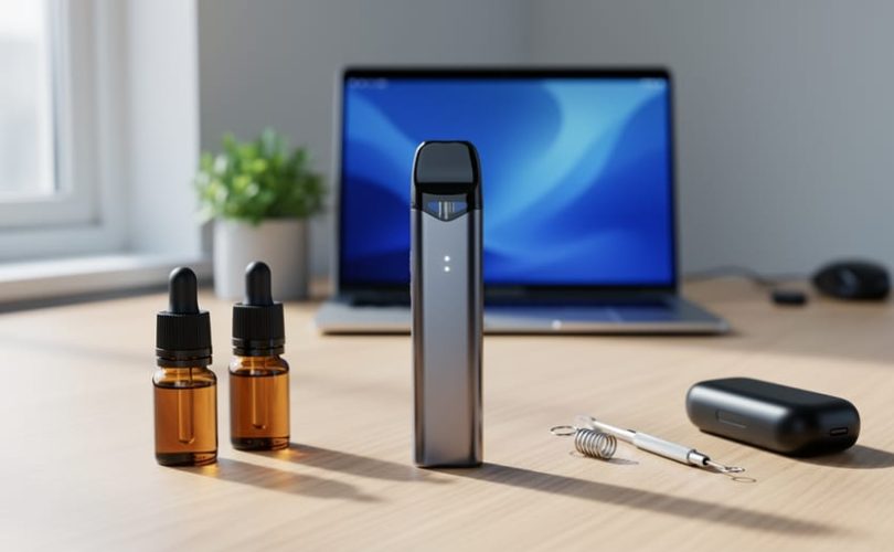 Pod-style vape device with unbranded e-liquid bottles, coil tool, and battery case on a wooden desk in soft daylight, with a blurred home workspace and plant in the background.