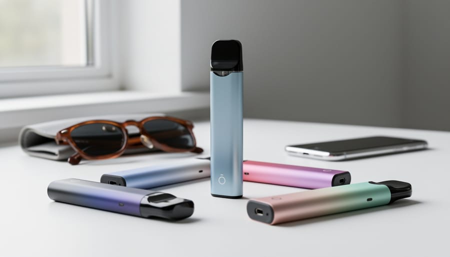 Assorted disposable vape devices on a countertop next to a travel pouch