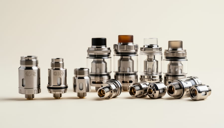 Assorted vape replacement coils and a tank arranged on a silicone mat