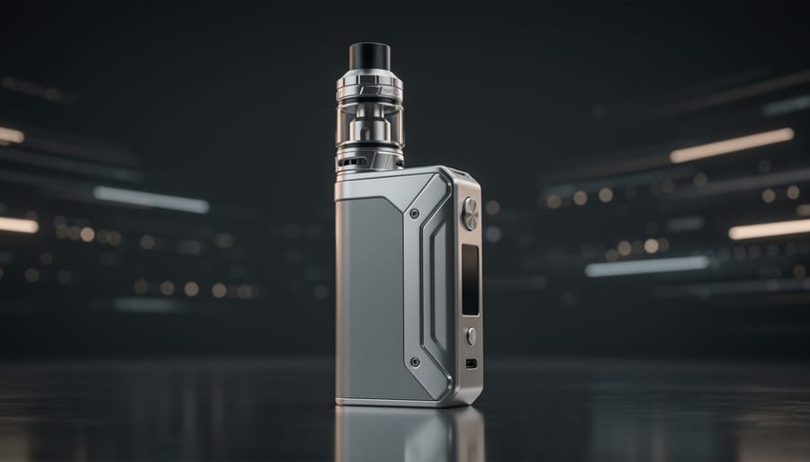 Box mod with a sub-ohm tank in a dim lounge setting with soft bokeh lights