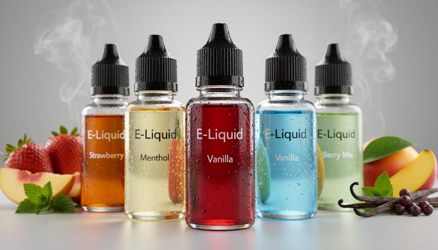 Close-up view of several e-liquid bottles with different colored liquids