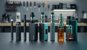 A lineup of eight different vaping device types on a dark tabletop, including a disposable, pod system, vape pen, box mod, and tanks with a rebuildable atomizer and squonk mod.