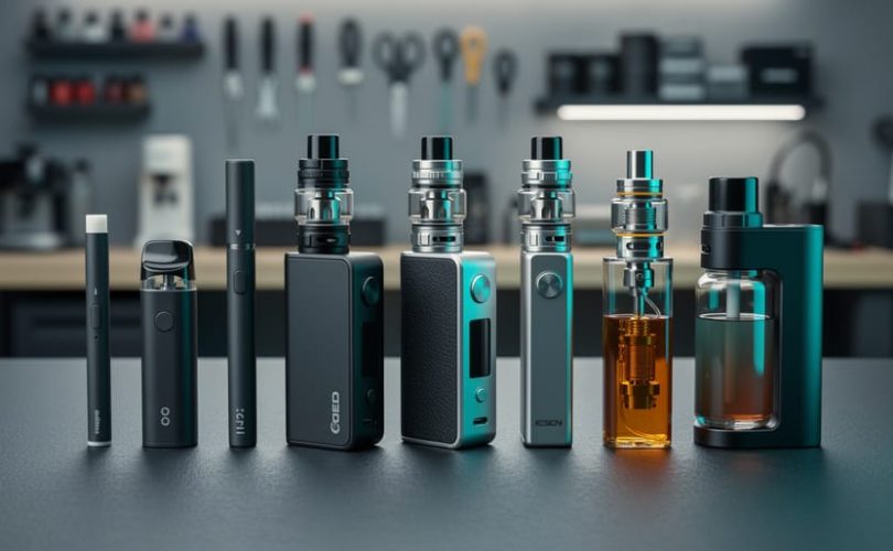 A lineup of eight different vaping device types on a dark tabletop, including a disposable, pod system, vape pen, box mod, and tanks with a rebuildable atomizer and squonk mod.