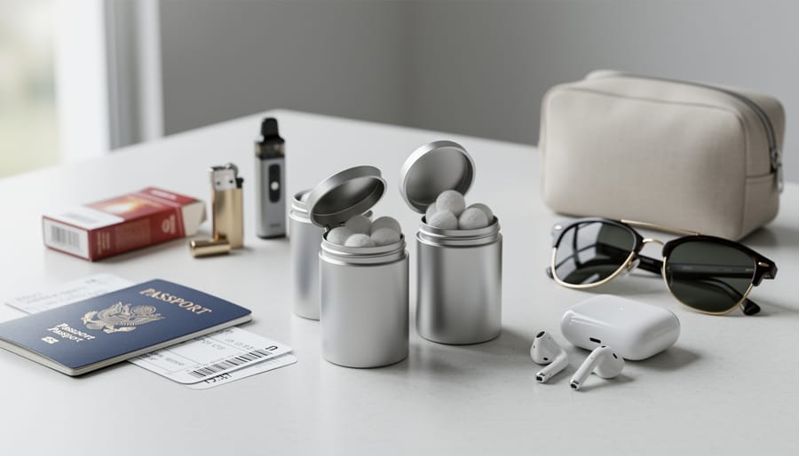 Nicotine pouch containers and travel case on a neutral desk surface