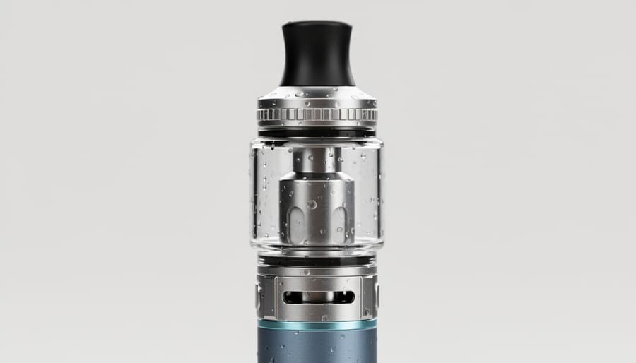 Vape pen device with tank and mouthpiece beside a smartphone and keys on a tabletop
