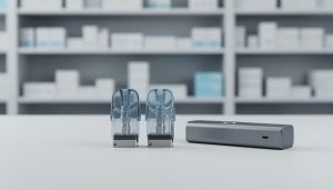 Vaping pods and a vape device arranged on a clean tabletop under soft studio lighting, representing FDA authorization awareness.