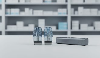 Vaping pods and a vape device arranged on a clean tabletop under soft studio lighting, representing FDA authorization awareness.