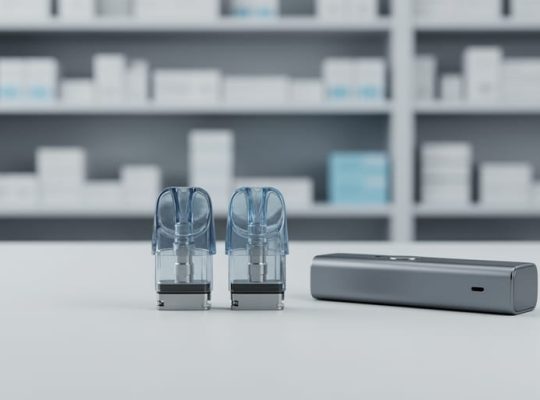 Vaping pods and a vape device arranged on a clean tabletop under soft studio lighting, representing FDA authorization awareness.