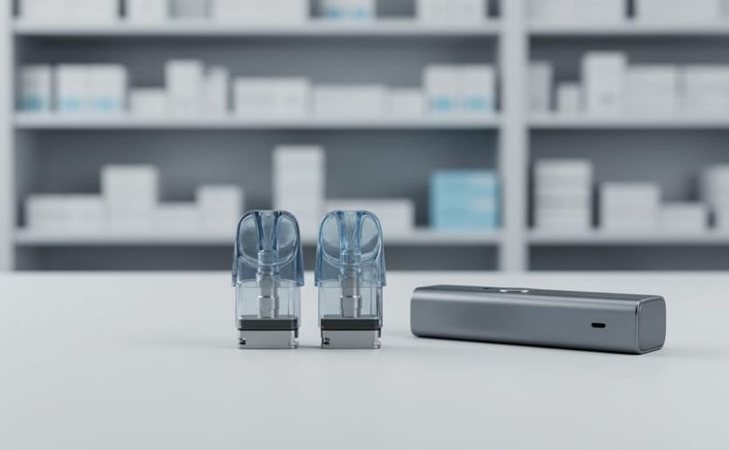 Vaping pods and a vape device arranged on a clean tabletop under soft studio lighting, representing FDA authorization awareness.