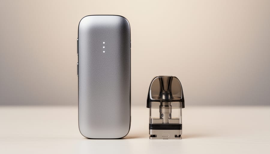 Close-up of a vaping device and e-liquid pod on a clean tabletop