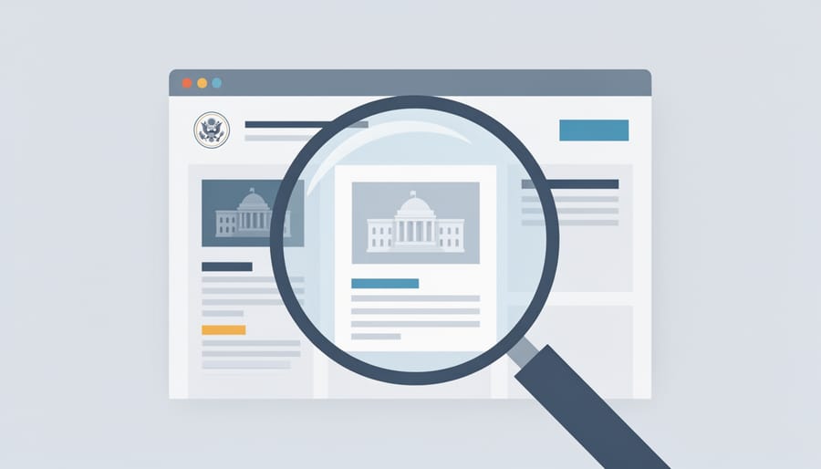 Magnifying glass over a smartphone showing a generic government-style webpage without readable text