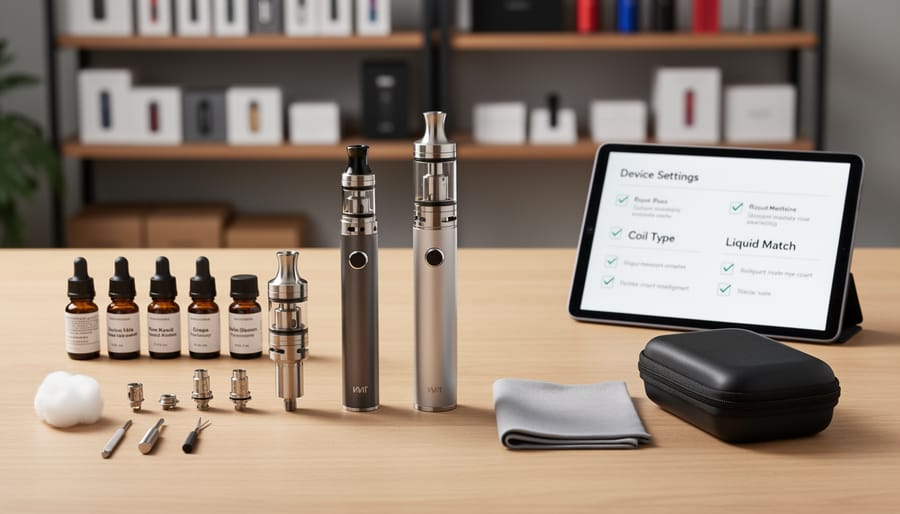 Person organizing vape accessories and a device on a desk under warm lamp light