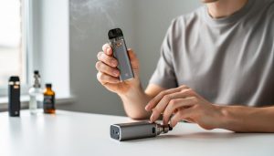 Person holding a pod system next to a box mod on a clean desk with subtle vapor in the background.