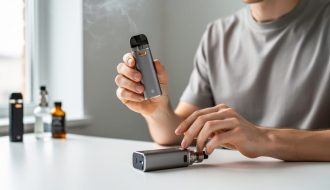 Person holding a pod system next to a box mod on a clean desk with subtle vapor in the background.
