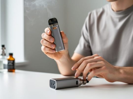 Person holding a pod system next to a box mod on a clean desk with subtle vapor in the background.