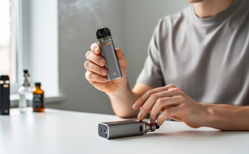 Person holding a pod system next to a box mod on a clean desk with subtle vapor in the background.