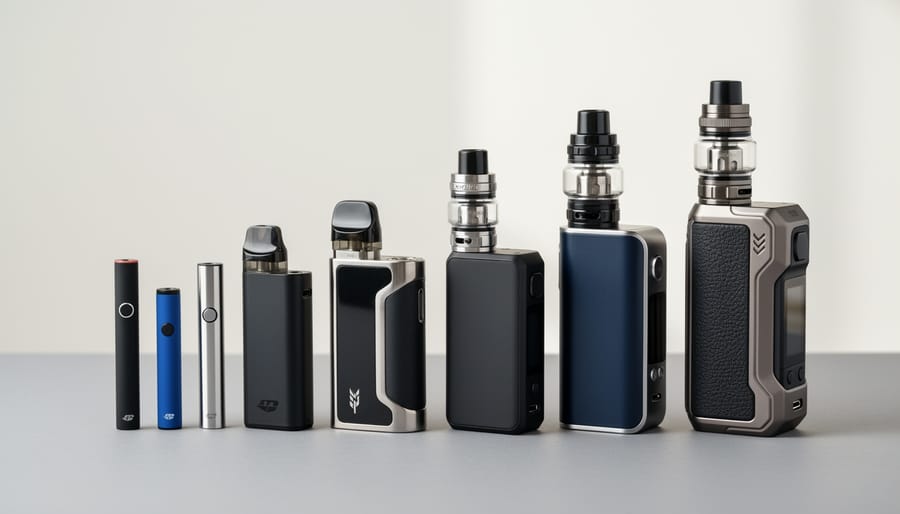 Assorted vaping device types laid out on a tabletop without visible labels