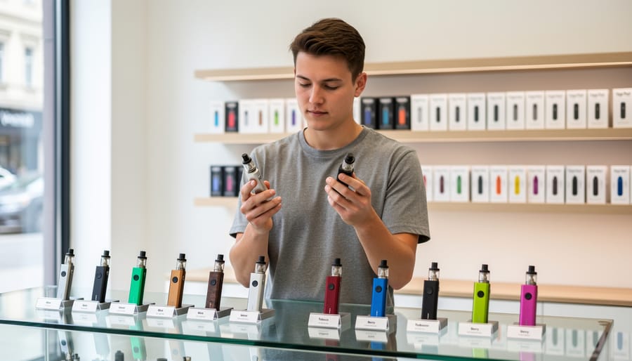 Person comparing two vape devices in a modern vape shop